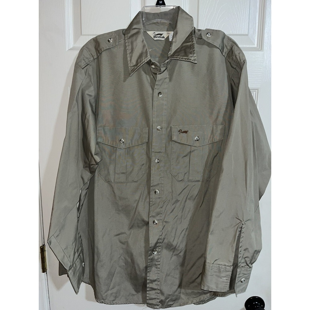 VTG Duxbak shirt mens xl Khaki Safari Outdoor Button Fly Fishing Embroidered